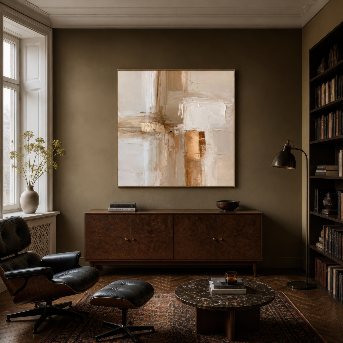Square gold and copper abstract artwork above a dark wood credenza beside a leather lounge chair