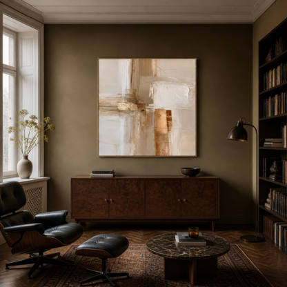 Square gold and copper abstract artwork above a dark wood credenza beside a leather lounge chair