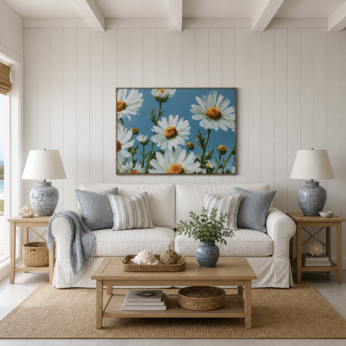 Daisies in bloom above a white slipcovered sofa with blue striped pillows and ginger jar lamps
