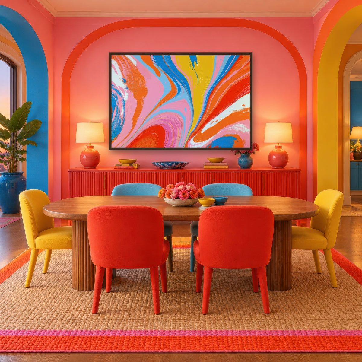 Electric Bloom dopamine wall art in a dining room