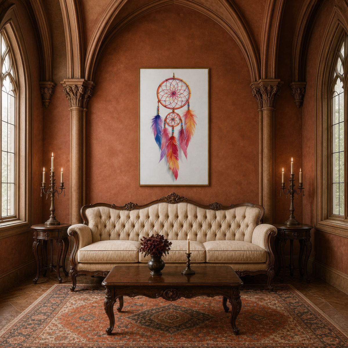 Sunset dreamcatcher artwork above a cream tufted sofa in a terracotta vaulted room with candles
