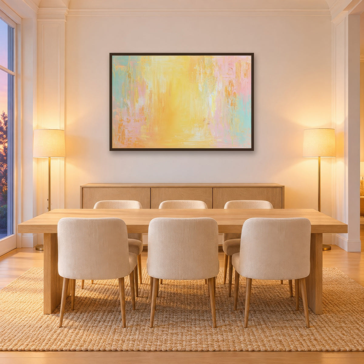 Golden Yellow and Pink Abstract wall art in a dining room