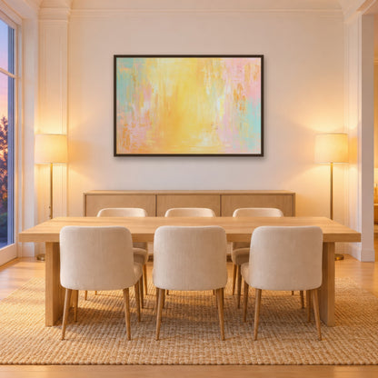 Golden Yellow and Pink Abstract wall art in a dining room