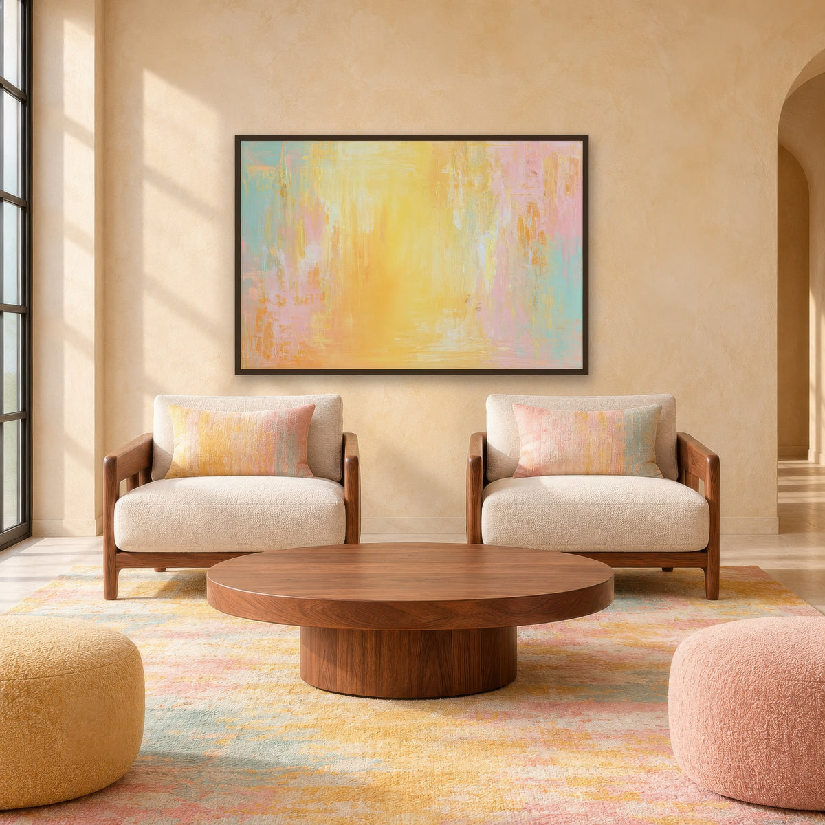 Golden Yellow and Pink Abstract wall art in a den