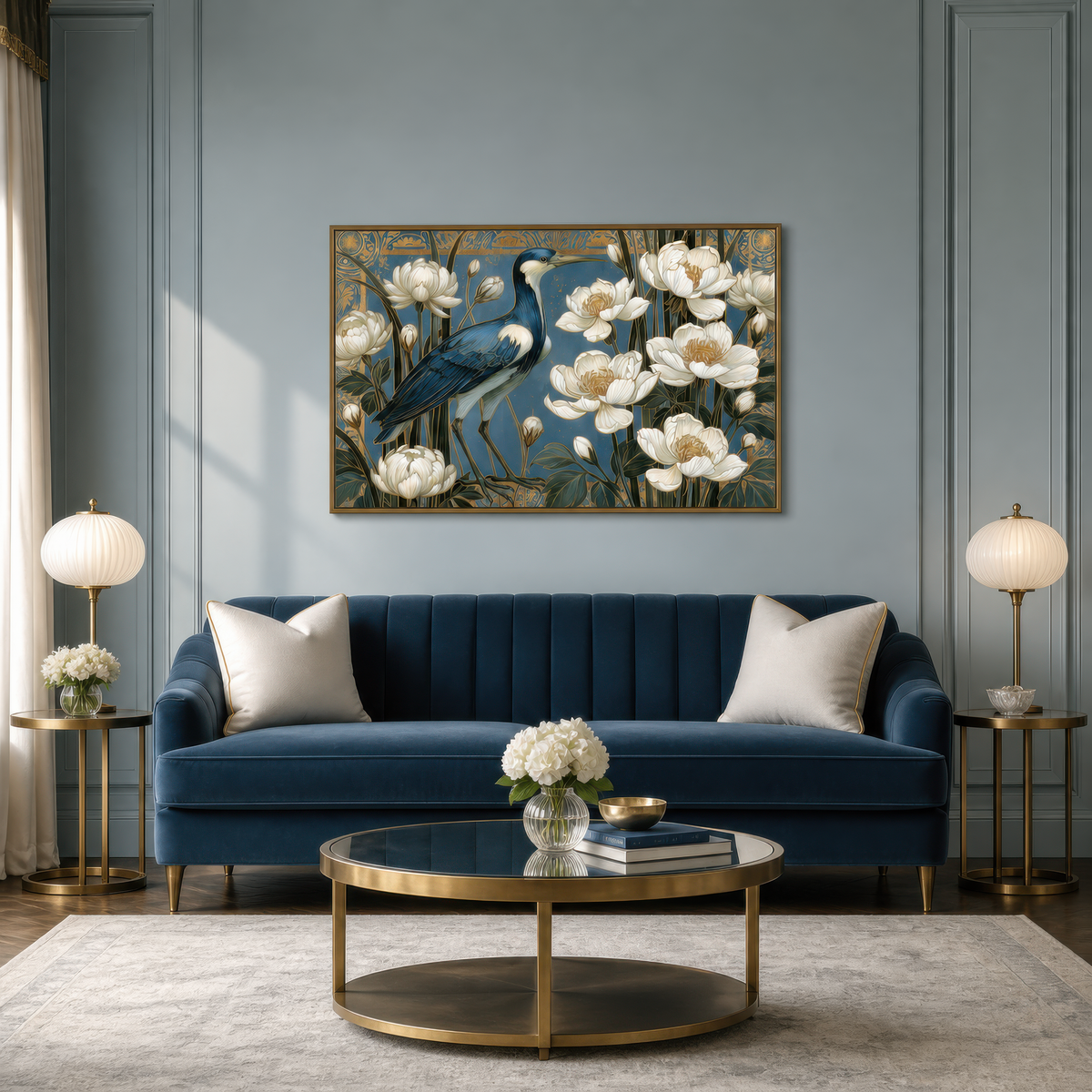 Crane and white peonies above a navy channel velvet sofa with a brass and glass table