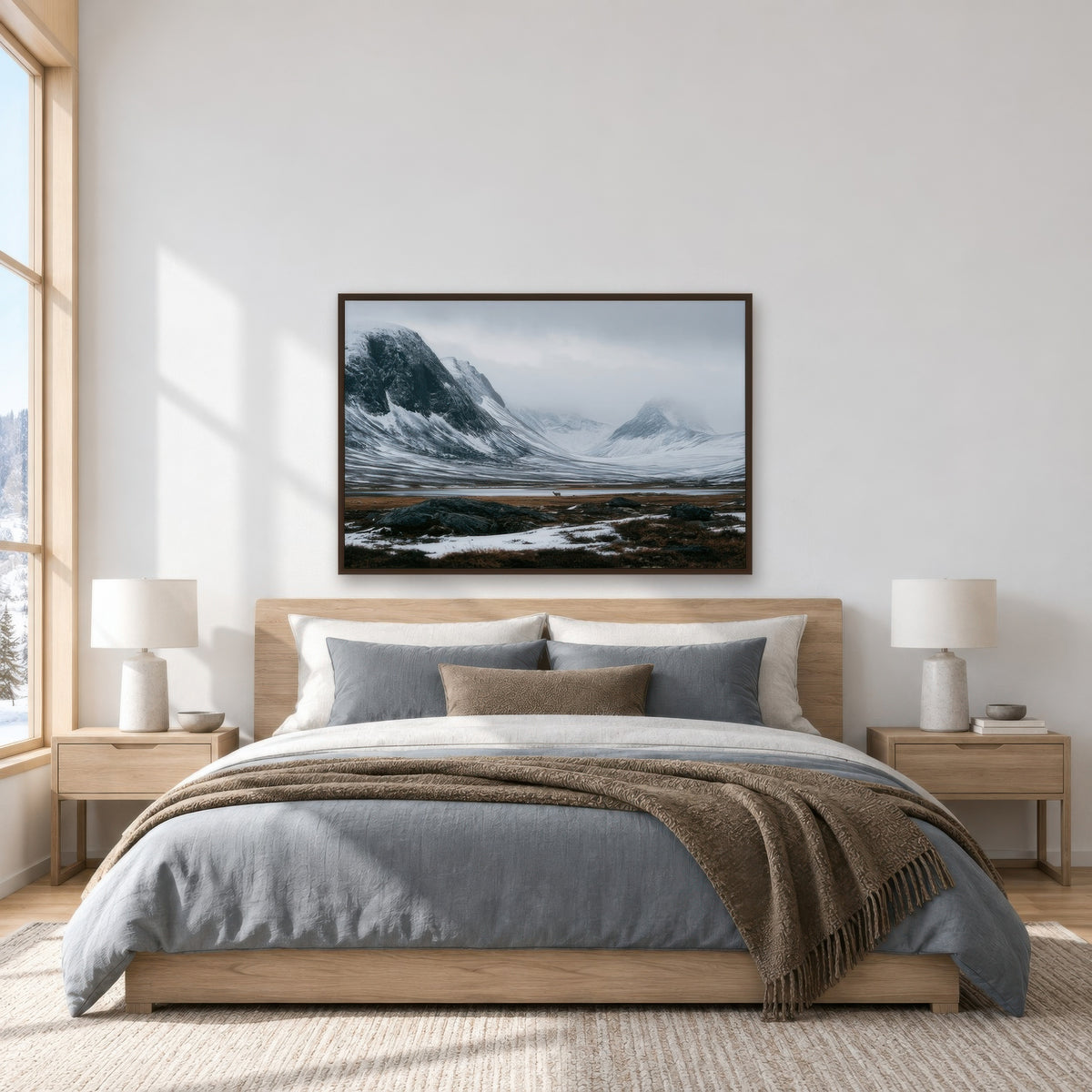 Snowy Mountain Valley with a Lone Deer scandinavian wall art in a bedroom