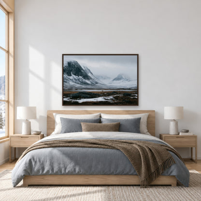 Snowy Mountain Valley with a Lone Deer scandinavian wall art in a bedroom