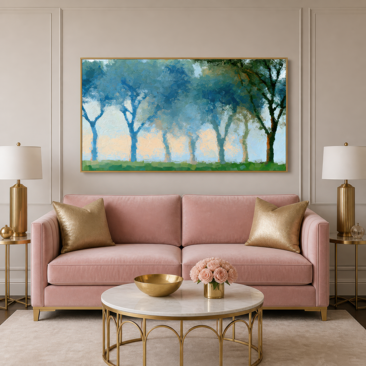 Blue tree row above a dusty pink sofa with a brass and marble round coffee table and lamps