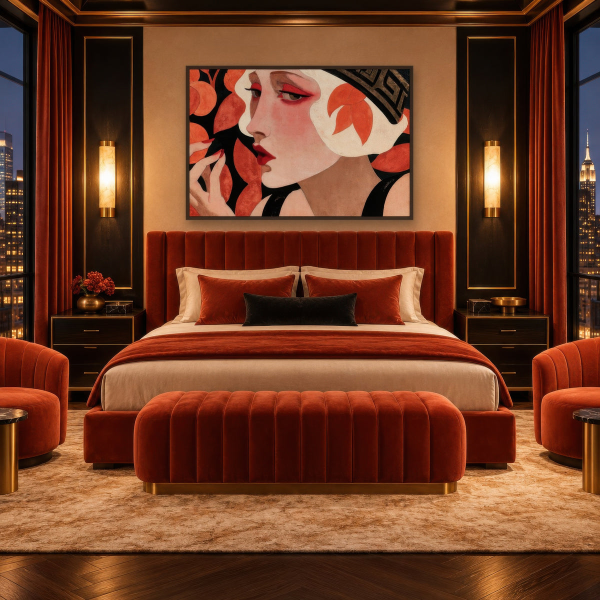 Deco Woman with Leaves art deco wall art in a bedroom