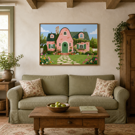 Pink cottage garden above a sage green sofa with floral pillows and a wooden coffee table
