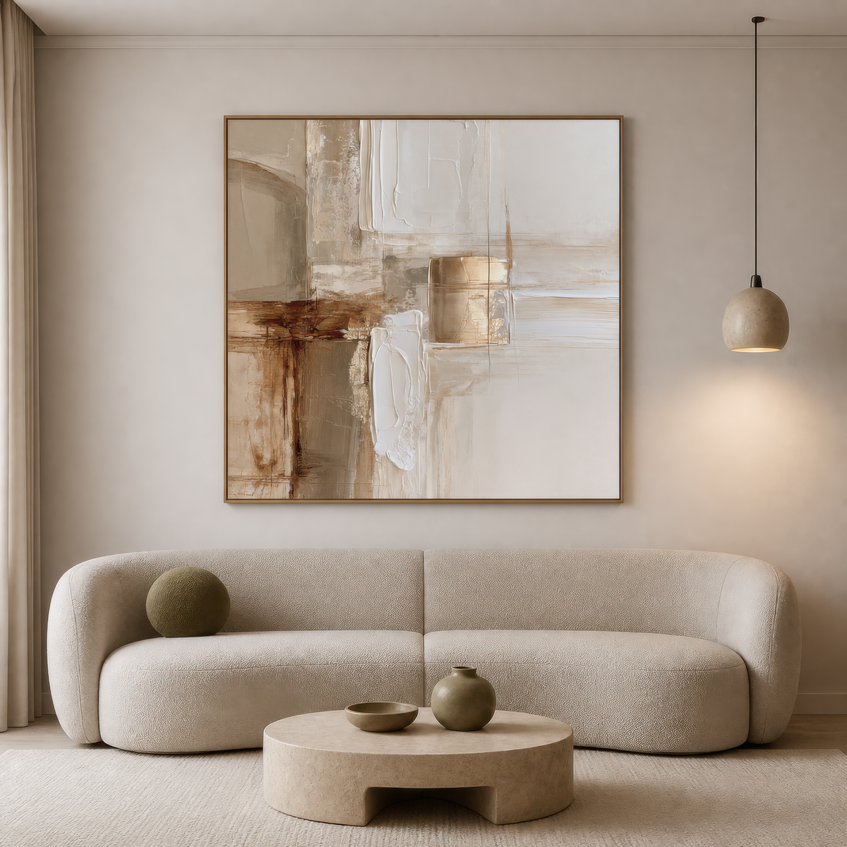 Square beige and copper abstract artwork above a curved cream sofa in a white living room