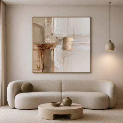 Square beige and copper abstract artwork above a curved cream sofa in a white living room