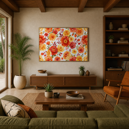 Orange and Yellow Rose Pattern wall art print, alternate room view