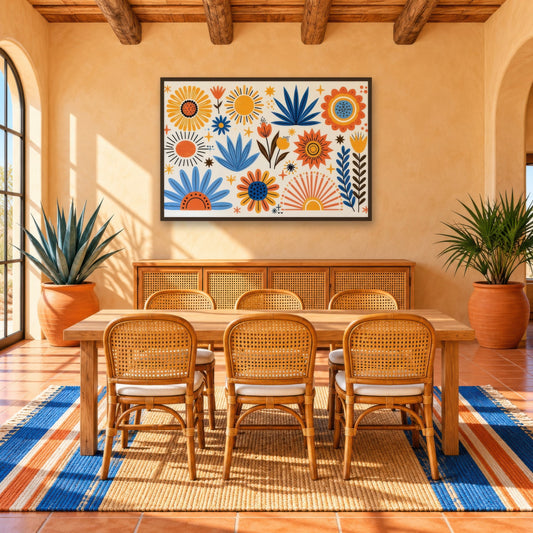 Folk Sunburst Garden boho wall art in a dining room