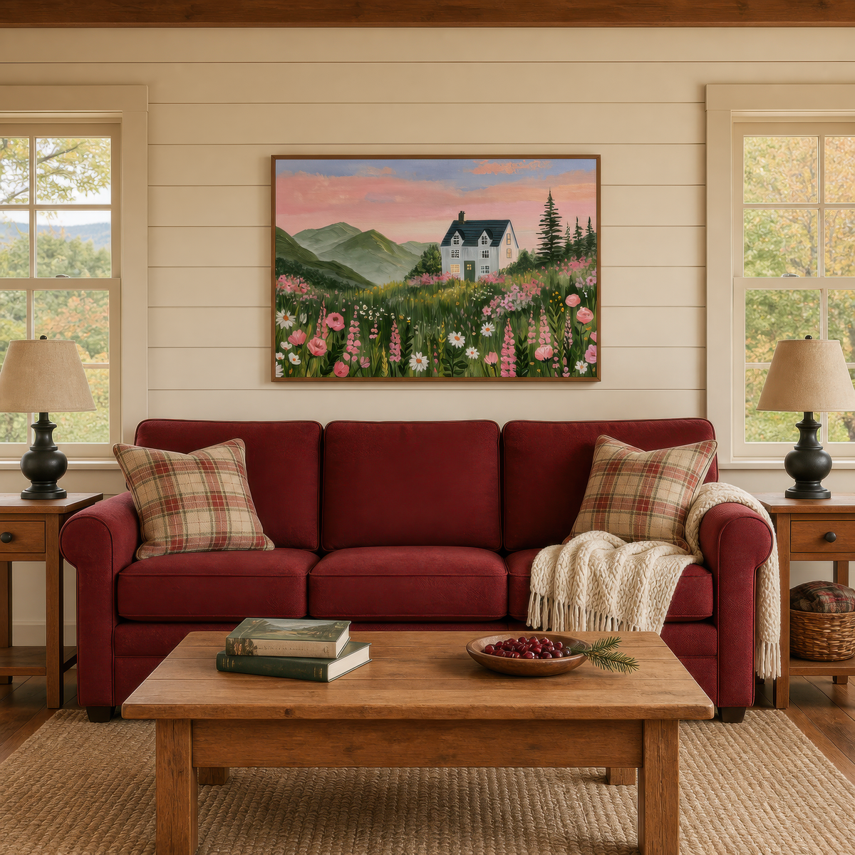 Mountain meadow cottage above a red sofa with plaid pillows on a white shiplap wall