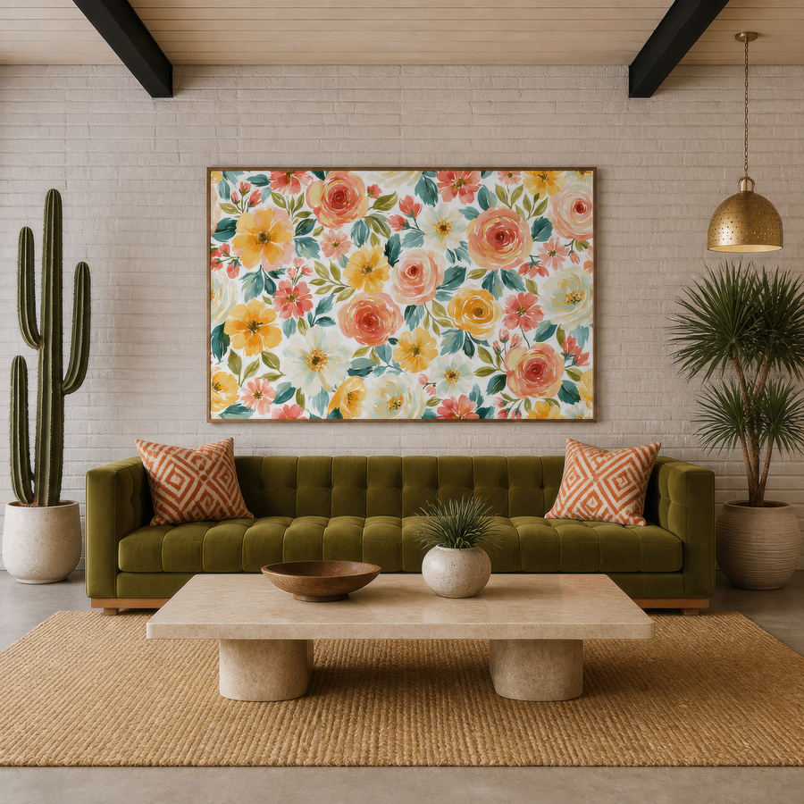 Peach and Yellow Rose Pattern – Watercolor Floral Wall Art