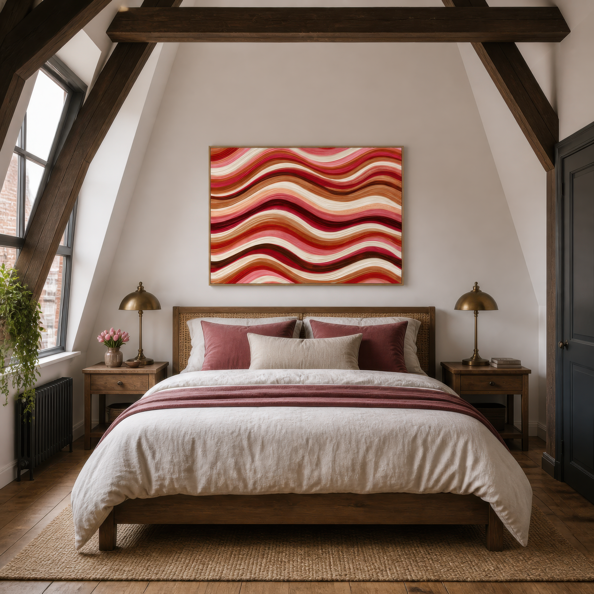 Dusty rose wave band artwork above a wood bed with cream and rose bedding under a vaulted ceiling