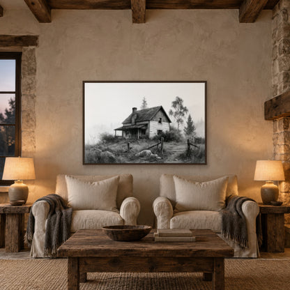 Foggy Farmhouse Cabin farmhouse wall art in a den