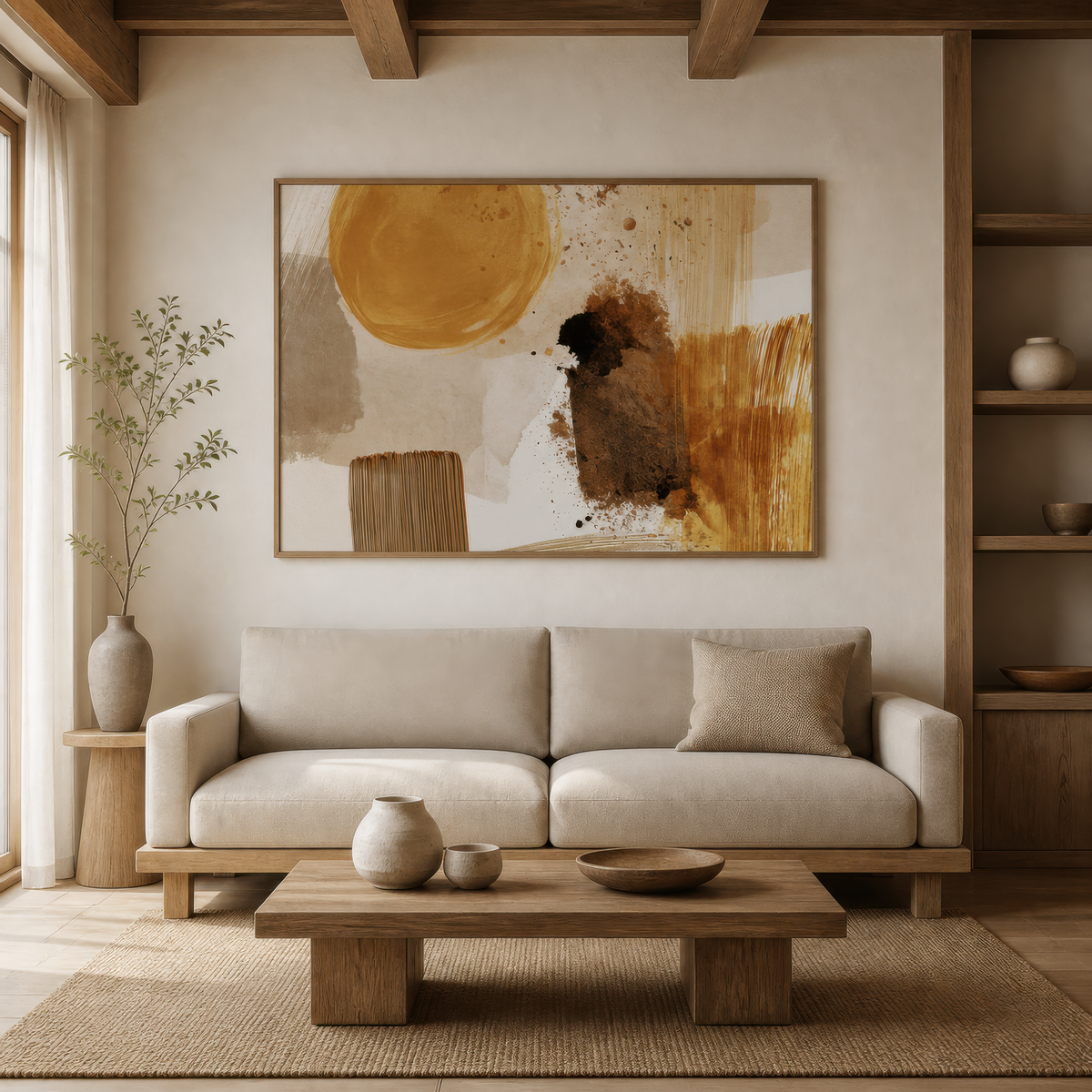 Golden sun abstract above a cream sofa on a plaster wall with a low wood coffee table