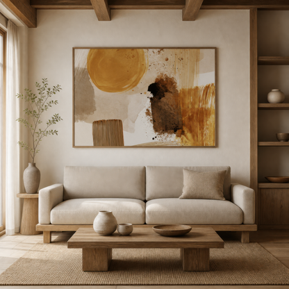 Golden sun abstract above a cream sofa on a plaster wall with a low wood coffee table