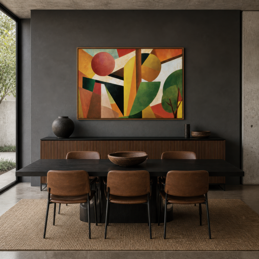 Cubist sunrise landscape above a dark dining table with tan leather chairs on a charcoal wall