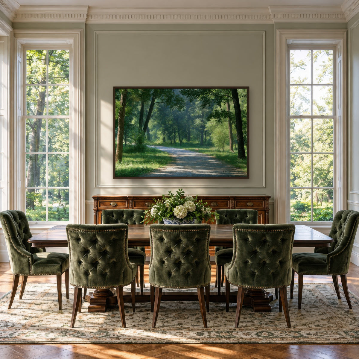 Sunlit Forest Path impressionist wall art in a dining room