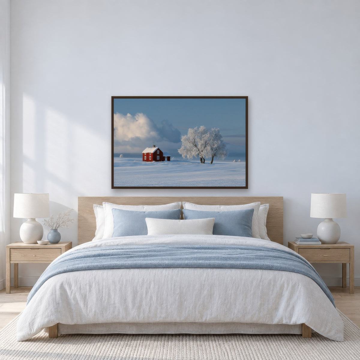 Red Cottage in Snowy Field scandinavian wall art in a bedroom