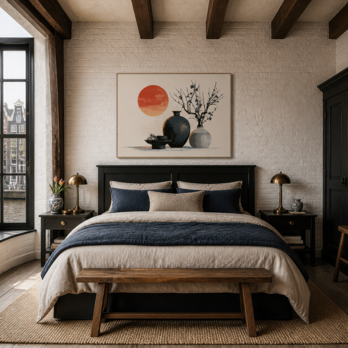 Ceramic vessels and red sun above a bed with navy and cream bedding and two small lamps
