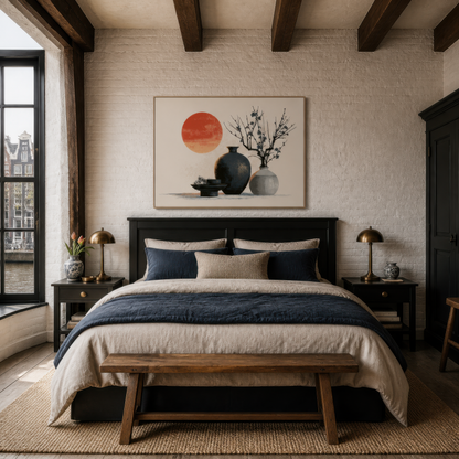 Ceramic vessels and red sun above a bed with navy and cream bedding and two small lamps