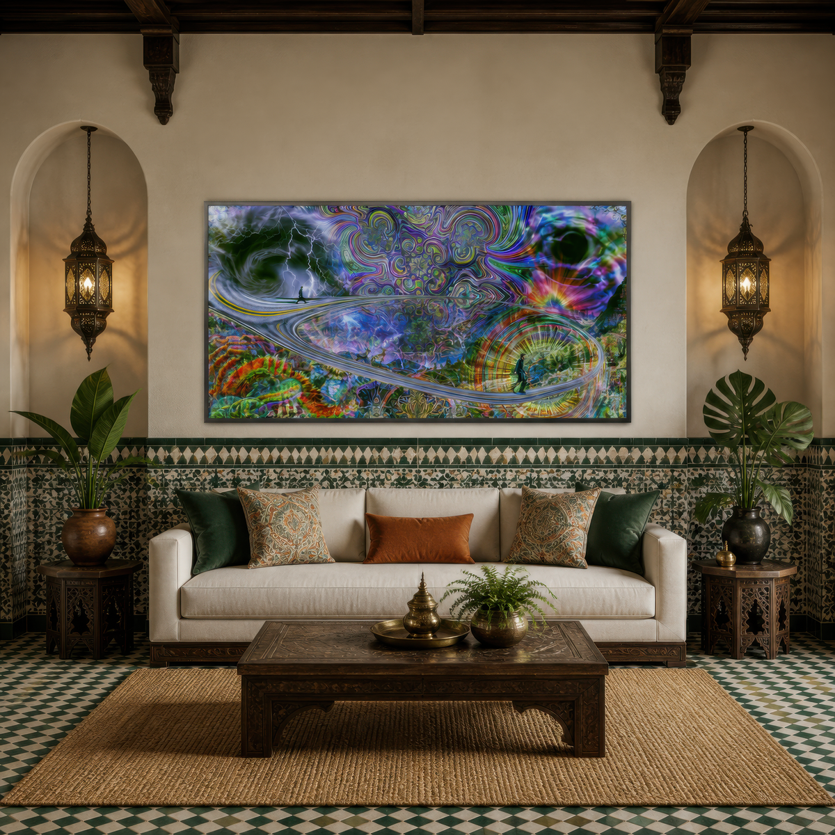 Psychedelic storm spiral above a cream sofa with rust pillows and a green tiled dado