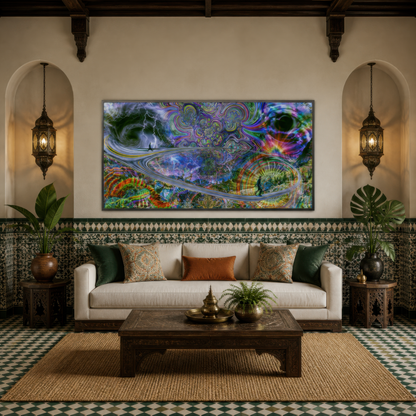Psychedelic storm spiral above a cream sofa with rust pillows and a green tiled dado