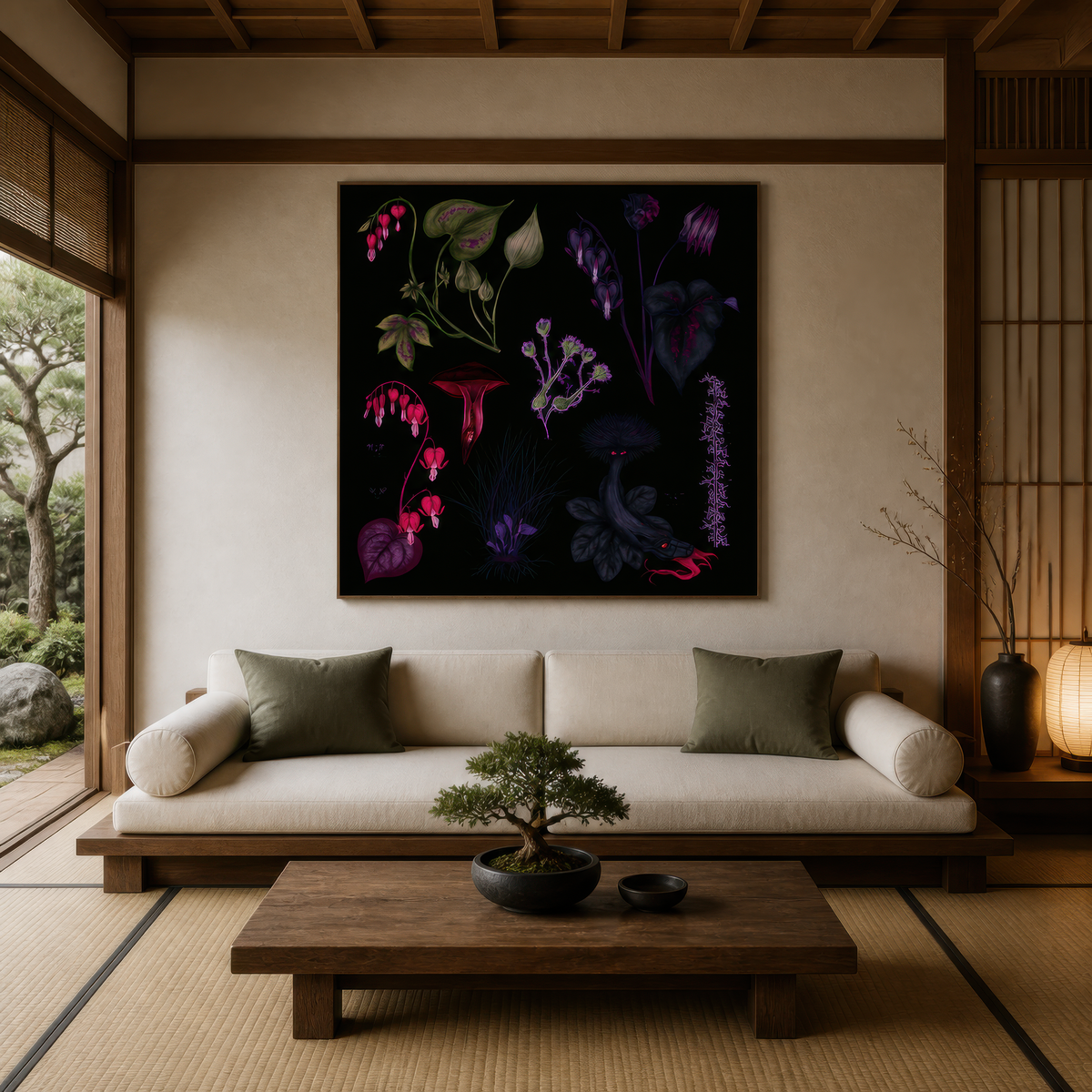 Dark Bleeding Heart Botanical Illustration wall art print, alternate room view