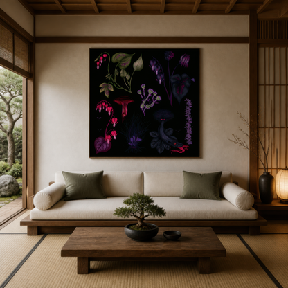 Dark Bleeding Heart Botanical Illustration wall art print, alternate room view
