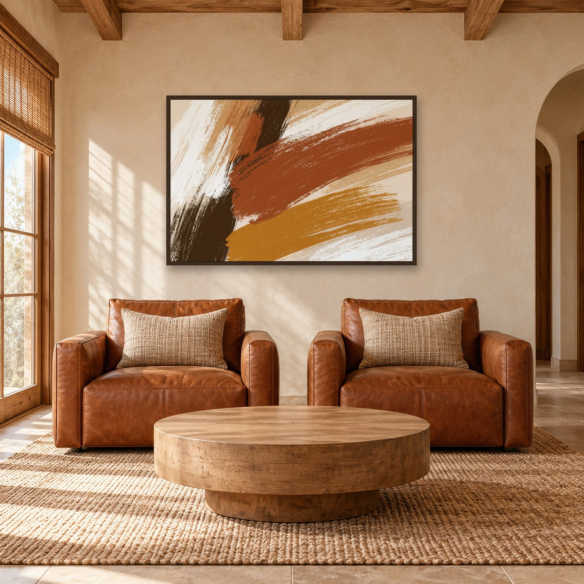 Bold Strokes in Rust and Gold boho wall art in a den