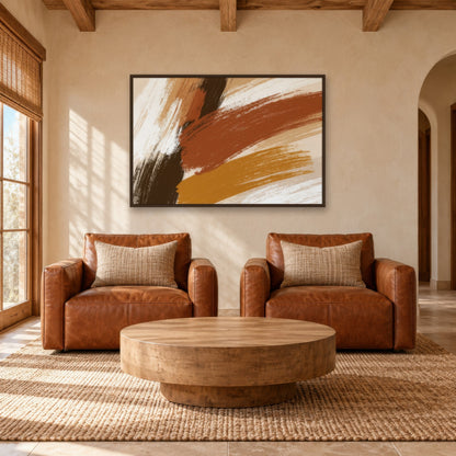 Bold Strokes in Rust and Gold boho wall art in a den