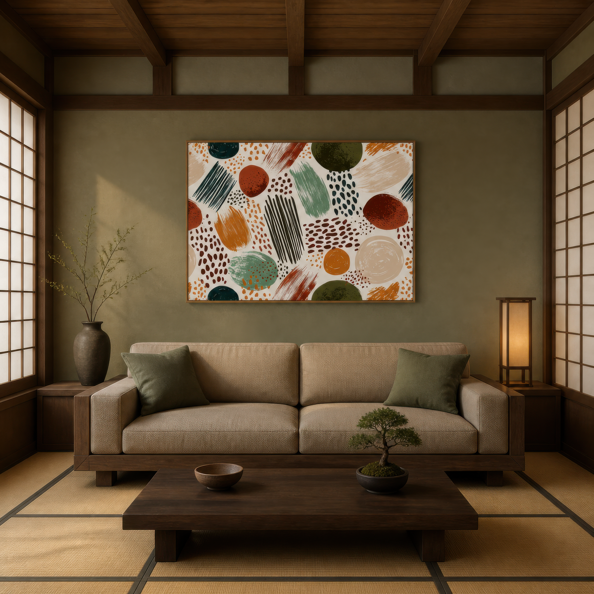 Circles and dots artwork above a cream sofa in a room with shoji screens and wood beams