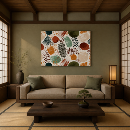 Circles and dots artwork above a cream sofa in a room with shoji screens and wood beams