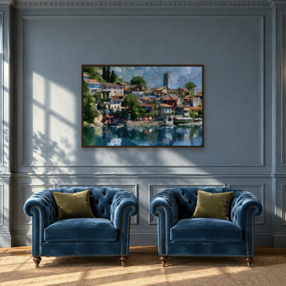 Lakeside Village with Bell Tower impressionist wall art in a den