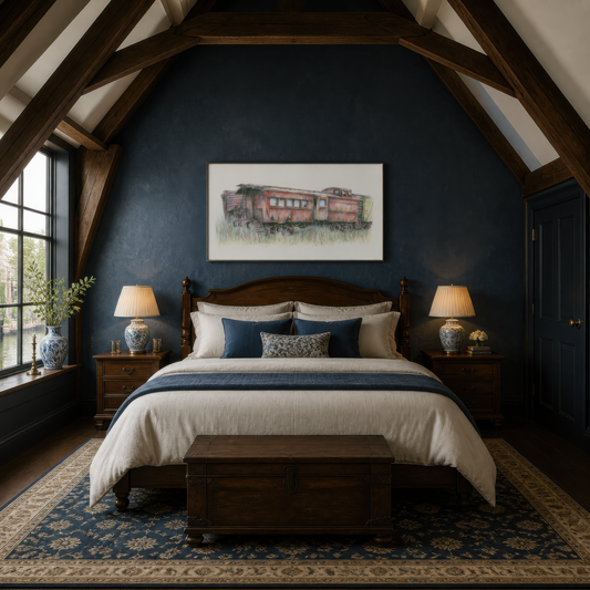 Abandoned Train Car Sketch wall art print, alternate room view
