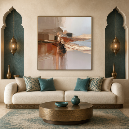 Square terracotta and gray abstract artwork above a cream sofa with teal pillows between teal arched niches