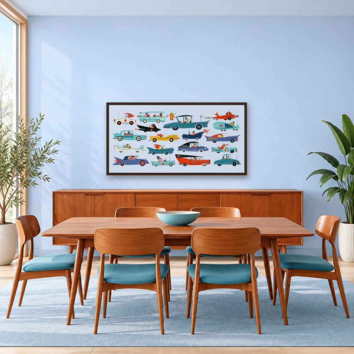 Whimsical Retro Cars Illustration mid-century modern wall art in a dining room