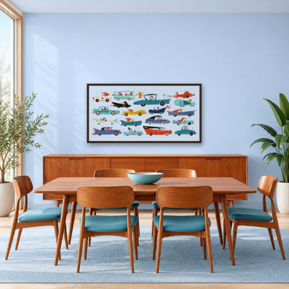 Whimsical Retro Cars Illustration mid-century modern wall art in a dining room