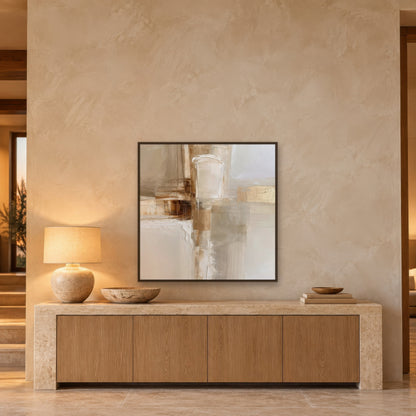 Pale Cream and Gold Blocks Abstract earthy abstract wall art in an entryway