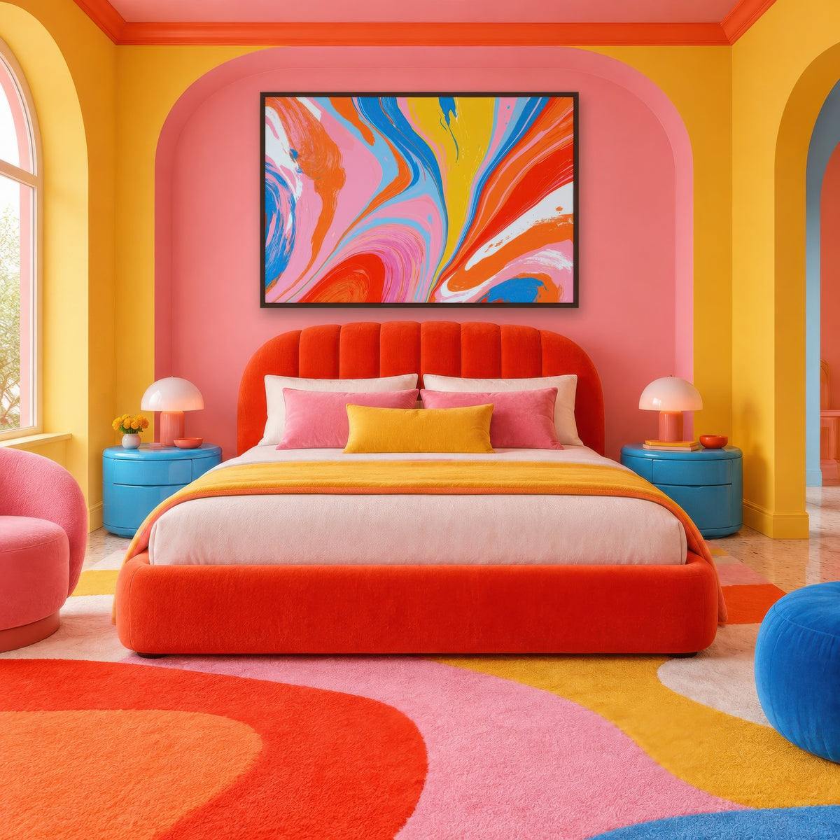 Electric Bloom dopamine wall art in a bedroom