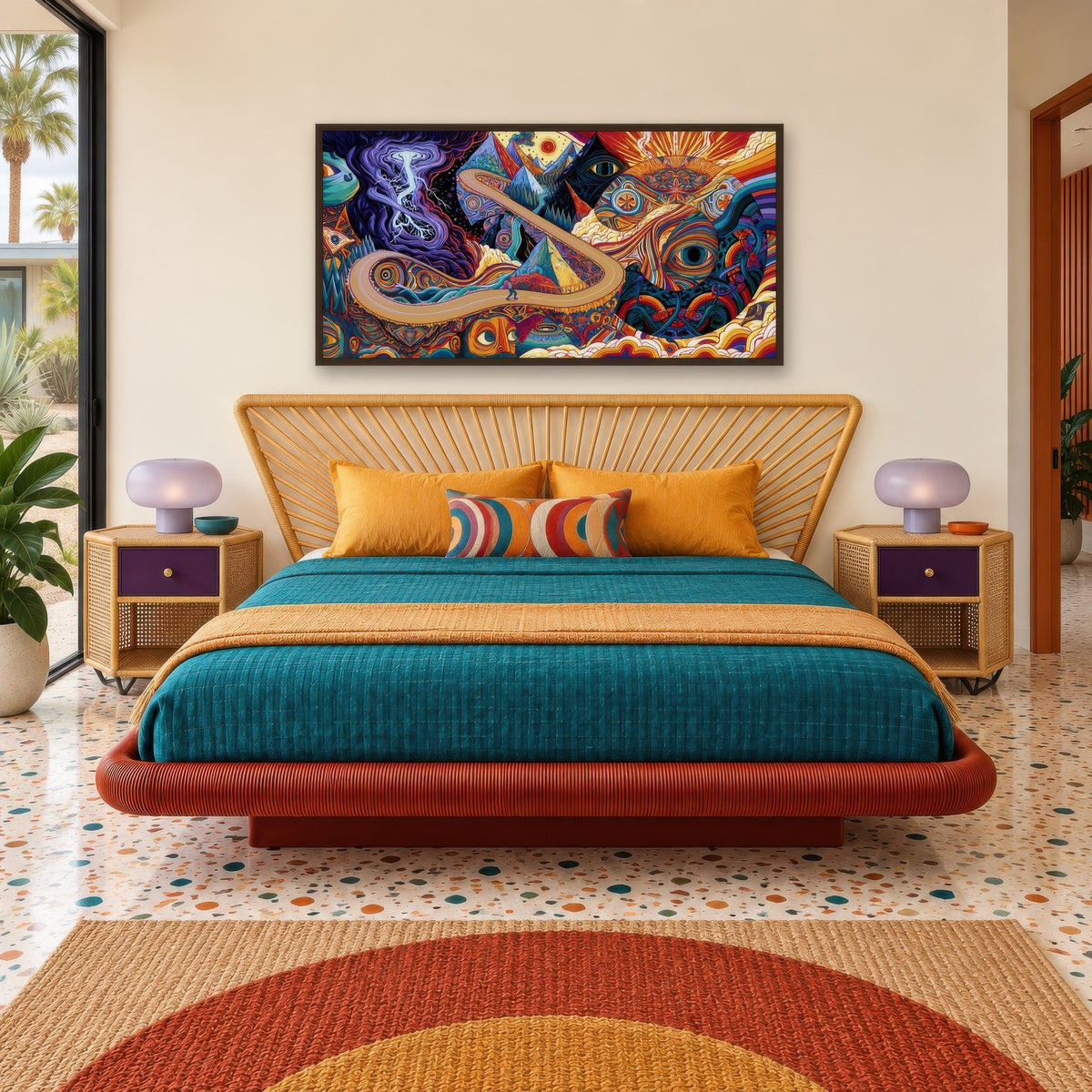 Pyramid Peaks psychedelic wall art in a bedroom