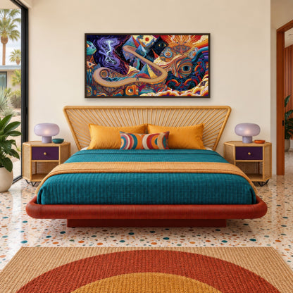 Pyramid Peaks psychedelic wall art in a bedroom