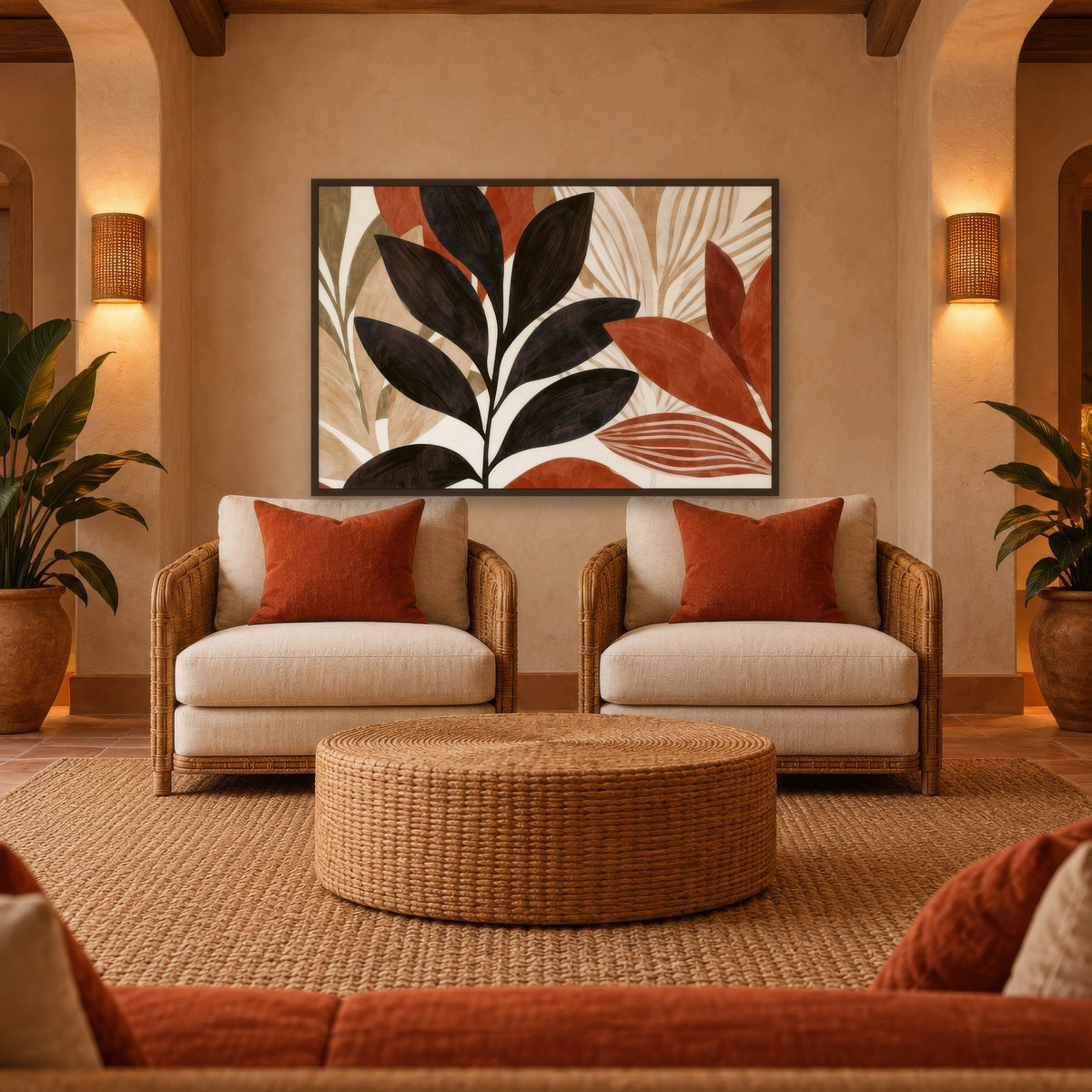 Botanical Study in Charcoal and Rust boho wall art in a den