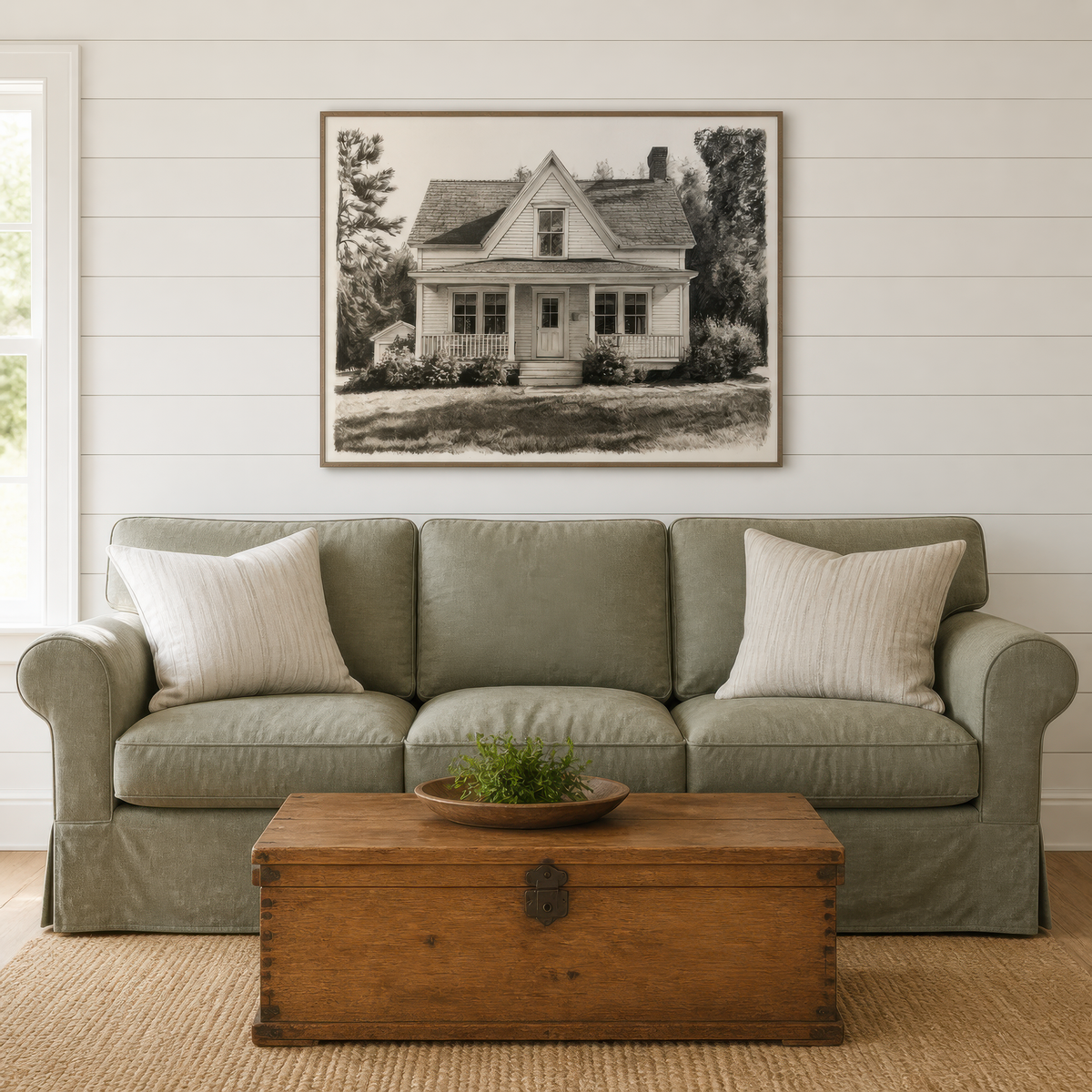 Charcoal farmhouse sketch above a sage green slipcovered sofa on a white shiplap wall