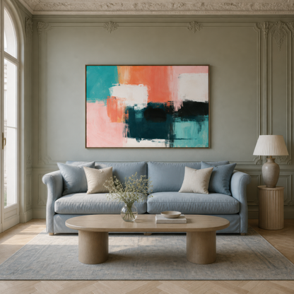 Large teal, coral and blush pink abstract artwork above a pale blue sofa on a sage paneled wall