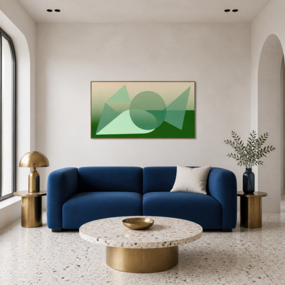 Wide green geometric abstract artwork above a navy sofa in a modern living room